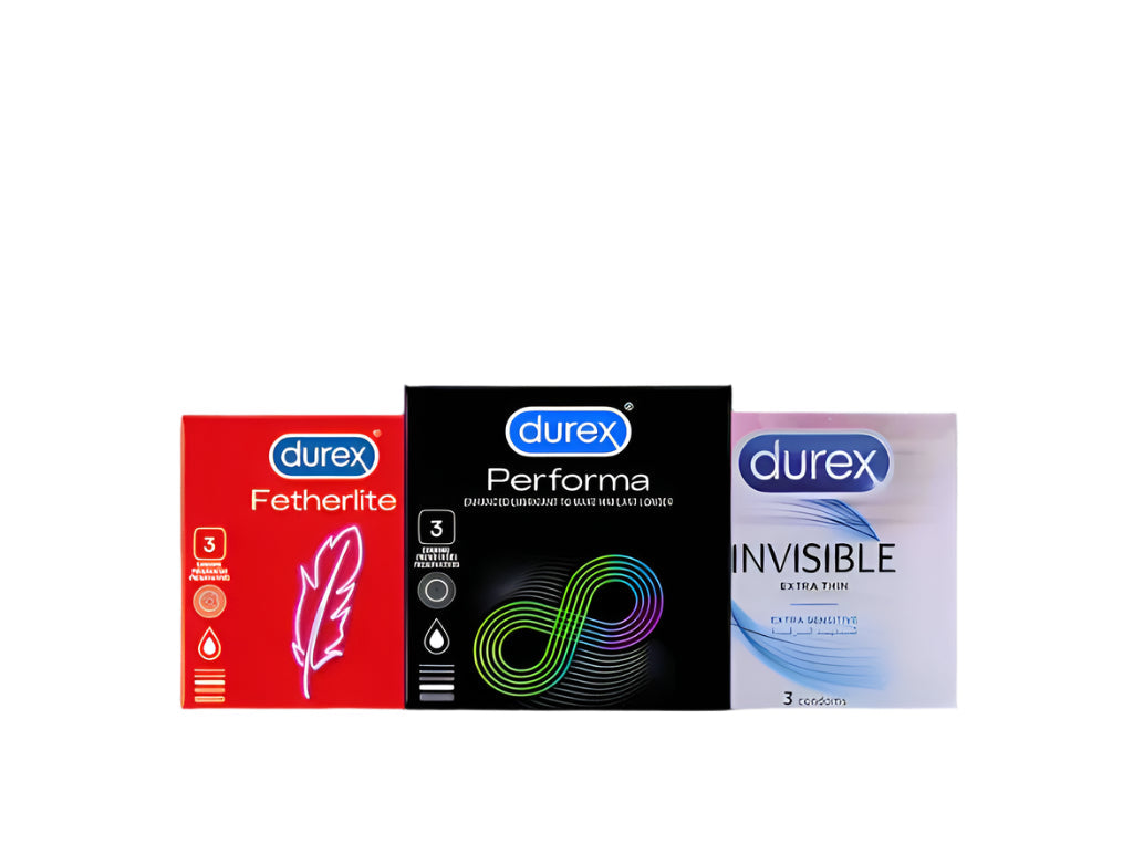 Durex Pack of 3 - Durex Condoms Fetherlite Ultra Fine Greater Sensitivity Condoms 3s + Durex Condoms Performa Longer Lasting Timing Condoms 3s + Durex Invisible Extra Thin Condoms 3's