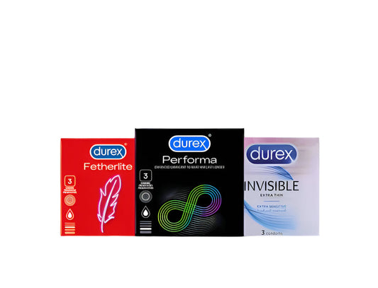 Durex Pack of 3 - Durex Condoms Fetherlite Ultra Fine Greater Sensitivity Condoms 3s + Durex Condoms Performa Longer Lasting Timing Condoms 3s + Durex Invisible Extra Thin Condoms 3's