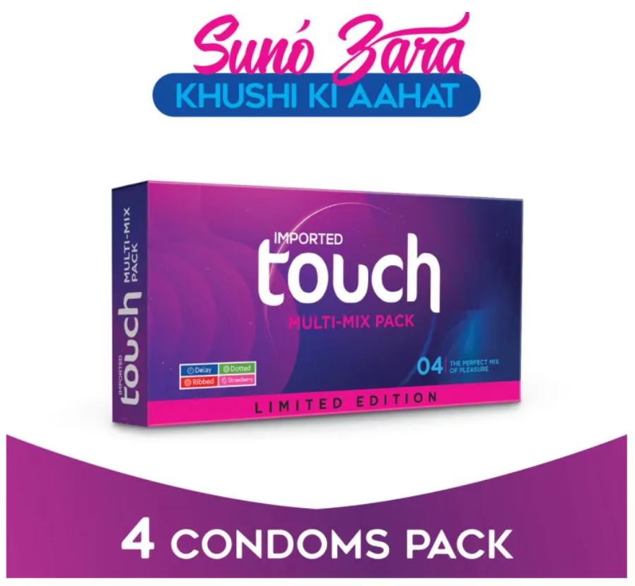 Touch Condoms Multi Mix - Pack of 4 (Ribbed + Dotted + Delay + Strawberry)