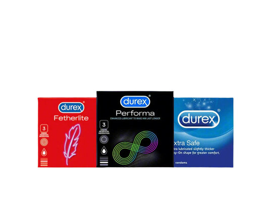 Pack of 3 - Fetherlite Ultra Thin Condoms 3s + Performa Long Lasting Condoms 3s + Extra Safe Extra Thick Safety Condoms 3s