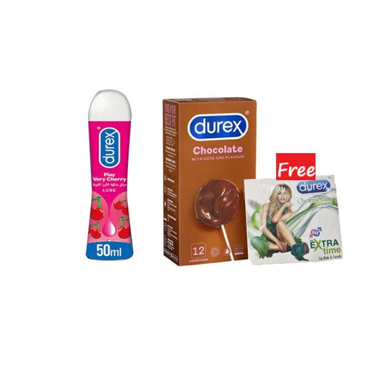 12 Durex Chocolate Flavored Condoms + Play Very Chery Lubricant With 04 Mint Bubble Gums Free